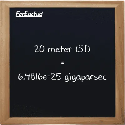 20 meter setara dengan 6.4816e-25 gigaparsec (20 m setara dengan 6.4816e-25 Gpc)