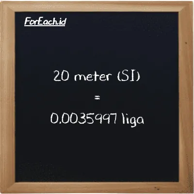 20 meter setara dengan 0.0035997 liga (20 m setara dengan 0.0035997 lg)