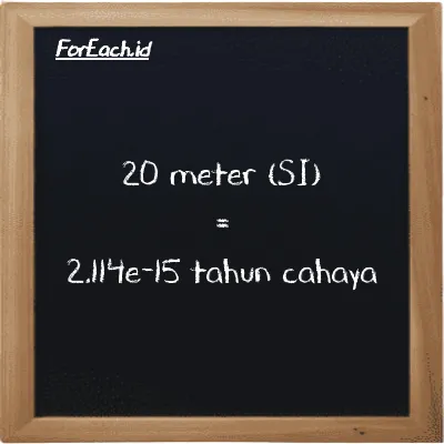 20 meter setara dengan 2.114e-15 tahun cahaya (20 m setara dengan 2.114e-15 ly)
