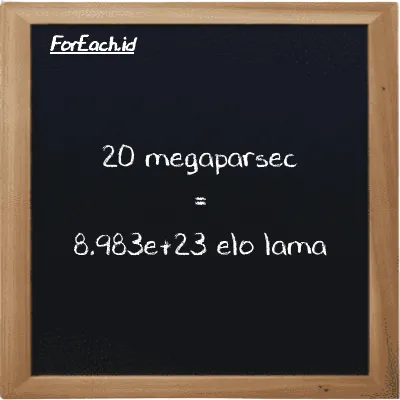 20 megaparsec setara dengan 8.983e+23 elo lama (20 Mpc setara dengan 8.983e+23 el la)