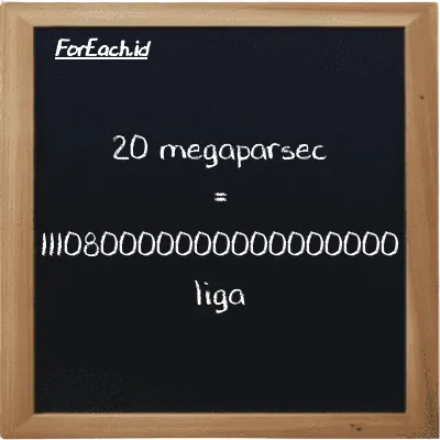 20 megaparsec setara dengan 111080000000000000000 liga (20 Mpc setara dengan 111080000000000000000 lg)