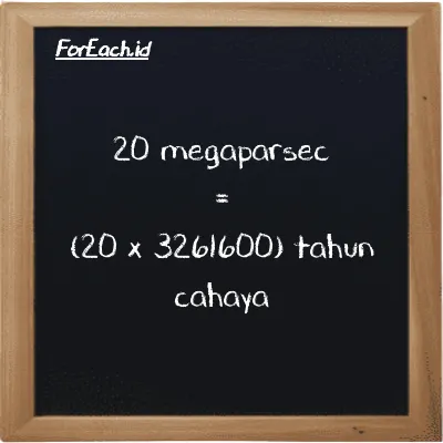 Cara konversi megaparsec ke tahun cahaya (Mpc ke ly): 20 megaparsec (Mpc) setara dengan 20 dikalikan dengan 3261600 tahun cahaya (ly)