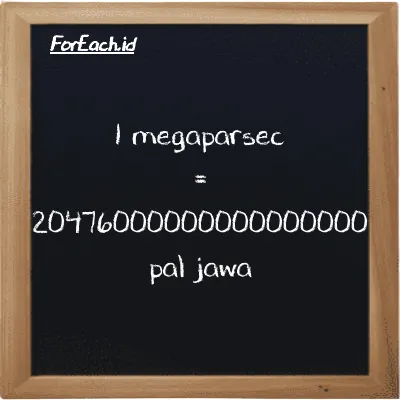1 megaparsec setara dengan 20476000000000000000 pal jawa (1 Mpc setara dengan 20476000000000000000 pj)