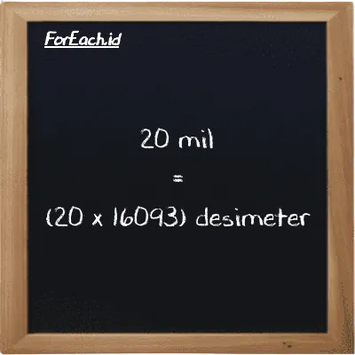 20 mil setara dengan 321870 desimeter (20 mi setara dengan 321870 dm)