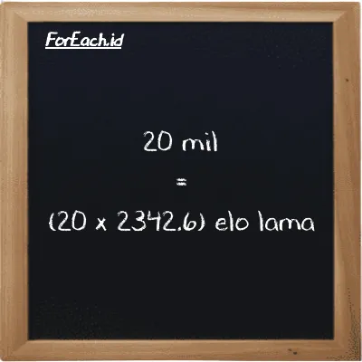 Cara konversi mil ke elo lama (mi ke el la): 20 mil (mi) setara dengan 20 dikalikan dengan 2342.6 elo lama (el la)