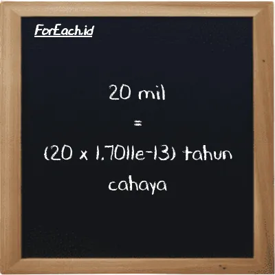 Cara konversi mil ke tahun cahaya (mi ke ly): 20 mil (mi) setara dengan 20 dikalikan dengan 1.7011e-13 tahun cahaya (ly)