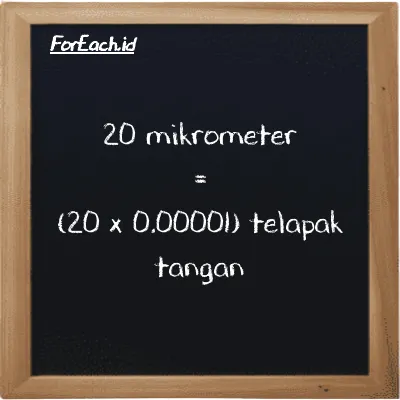 Cara konversi mikrometer ke telapak tangan (µm ke h): 20 mikrometer (µm) setara dengan 20 dikalikan dengan 0.00001 telapak tangan (h)