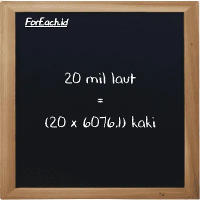 Cara konversi mil laut ke kaki (nmi ke ft): 20 mil laut (nmi) setara dengan 20 dikalikan dengan 6076.1 kaki (ft)