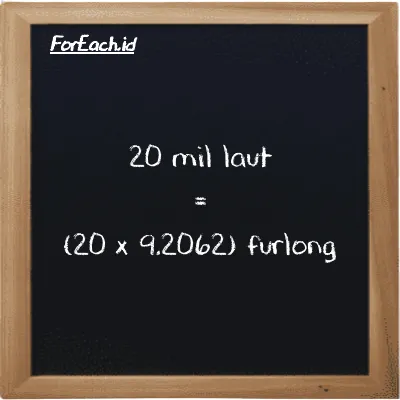 Cara konversi mil laut ke furlong (nmi ke fur): 20 mil laut (nmi) setara dengan 20 dikalikan dengan 9.2062 furlong (fur)
