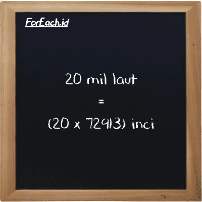 Cara konversi mil laut ke inci (nmi ke in): 20 mil laut (nmi) setara dengan 20 dikalikan dengan 72913 inci (in)