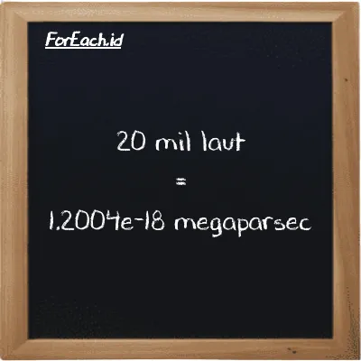 20 mil laut setara dengan 1.2004e-18 megaparsec (20 nmi setara dengan 1.2004e-18 Mpc)