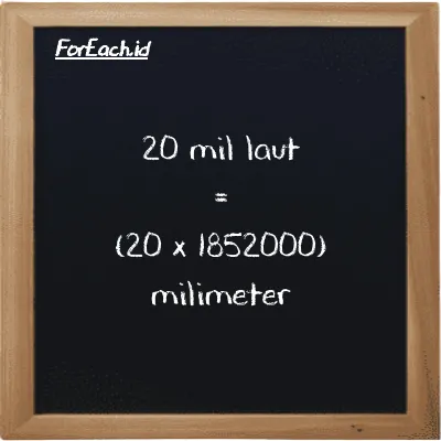 Cara konversi mil laut ke milimeter (nmi ke mm): 20 mil laut (nmi) setara dengan 20 dikalikan dengan 1852000 milimeter (mm)