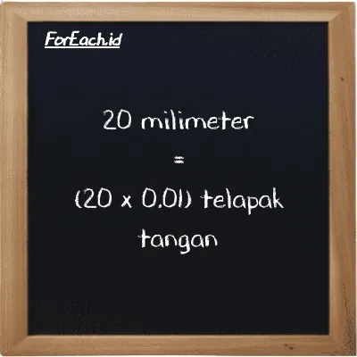 Cara konversi milimeter ke telapak tangan (mm ke h): 20 milimeter (mm) setara dengan 20 dikalikan dengan 0.01 telapak tangan (h)