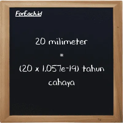 Cara konversi milimeter ke tahun cahaya (mm ke ly): 20 milimeter (mm) setara dengan 20 dikalikan dengan 1.057e-19 tahun cahaya (ly)