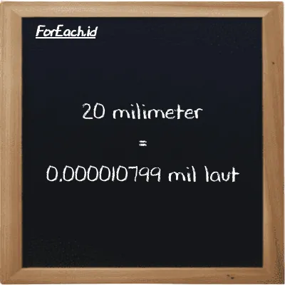20 milimeter setara dengan 0.000010799 mil laut (20 mm setara dengan 0.000010799 nmi)