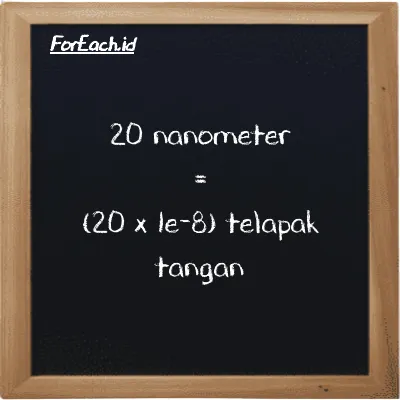 Cara konversi nanometer ke telapak tangan (nm ke h): 20 nanometer (nm) setara dengan 20 dikalikan dengan 1e-8 telapak tangan (h)