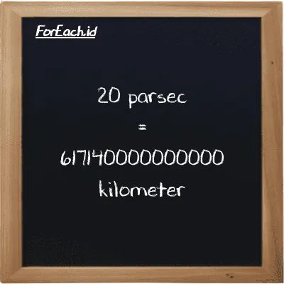 20 parsec setara dengan 617140000000000 kilometer (20 pc setara dengan 617140000000000 km)