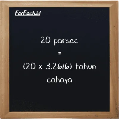 Cara konversi parsec ke tahun cahaya (pc ke ly): 20 parsec (pc) setara dengan 20 dikalikan dengan 3.2616 tahun cahaya (ly)