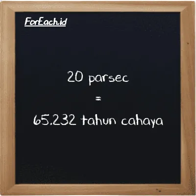 20 parsec setara dengan 65.232 tahun cahaya (20 pc setara dengan 65.232 ly)