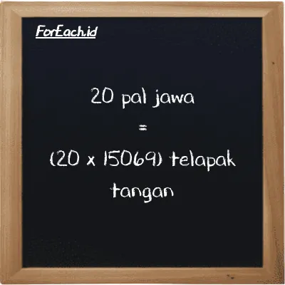 Cara konversi pal jawa ke telapak tangan (pj ke h): 20 pal jawa (pj) setara dengan 20 dikalikan dengan 15069 telapak tangan (h)