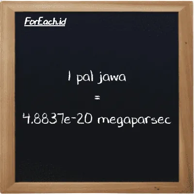 1 pal jawa setara dengan 4.8837e-20 megaparsec (1 pj setara dengan 4.8837e-20 Mpc)