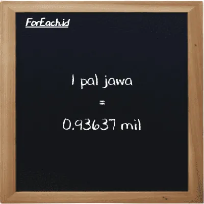 1 pal jawa setara dengan 0.93637 mil (1 pj setara dengan 0.93637 mi)