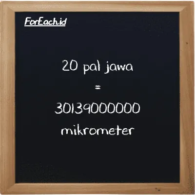 Cara konversi pal jawa ke mikrometer (pj ke µm): 20 pal jawa (pj) setara dengan 20 dikalikan dengan 1506900000 mikrometer (µm)