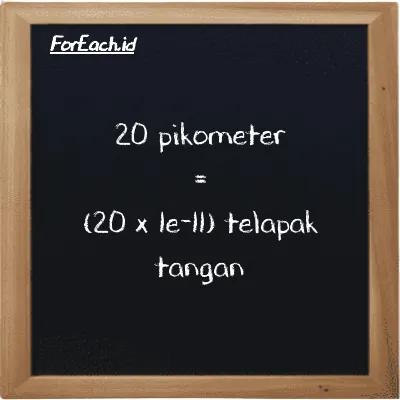 Cara konversi pikometer ke telapak tangan (pm ke h): 20 pikometer (pm) setara dengan 20 dikalikan dengan 1e-11 telapak tangan (h)
