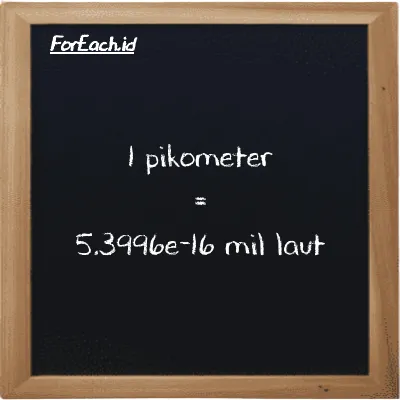 1 pikometer setara dengan 5.3996e-16 mil laut (1 pm setara dengan 5.3996e-16 nmi)