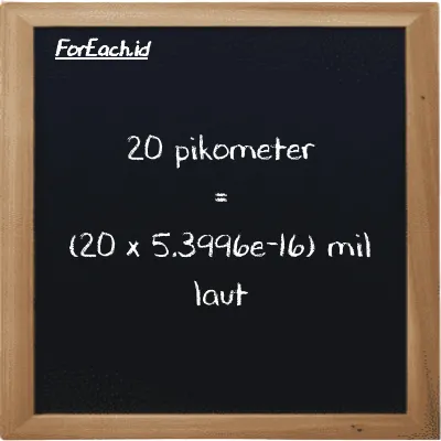 Cara konversi pikometer ke mil laut (pm ke nmi): 20 pikometer (pm) setara dengan 20 dikalikan dengan 5.3996e-16 mil laut (nmi)
