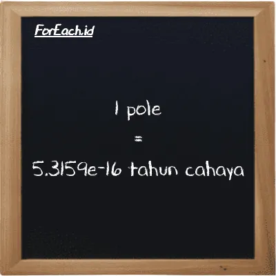 1 pole setara dengan 5.3159e-16 tahun cahaya (1 pl setara dengan 5.3159e-16 ly)