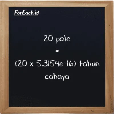 Cara konversi pole ke tahun cahaya (pl ke ly): 20 pole (pl) setara dengan 20 dikalikan dengan 5.3159e-16 tahun cahaya (ly)