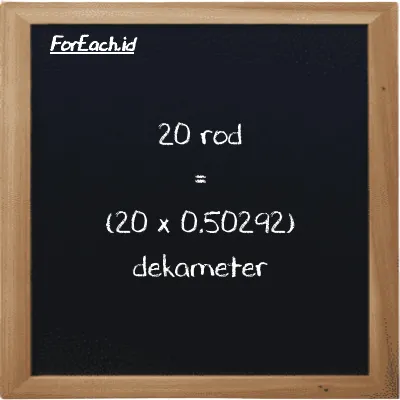 Cara konversi rod ke dekameter (rd ke dam): 20 rod (rd) setara dengan 20 dikalikan dengan 0.50292 dekameter (dam)