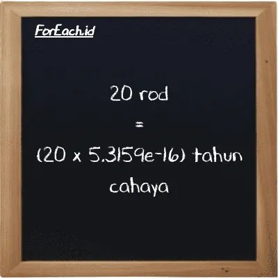 Cara konversi rod ke tahun cahaya (rd ke ly): 20 rod (rd) setara dengan 20 dikalikan dengan 5.3159e-16 tahun cahaya (ly)