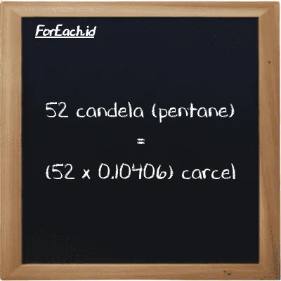 Cara konversi candela (pentane) ke carcel (pent cd ke car): 52 candela (pentane) (pent cd) setara dengan 52 dikalikan dengan 0.10406 carcel (car)