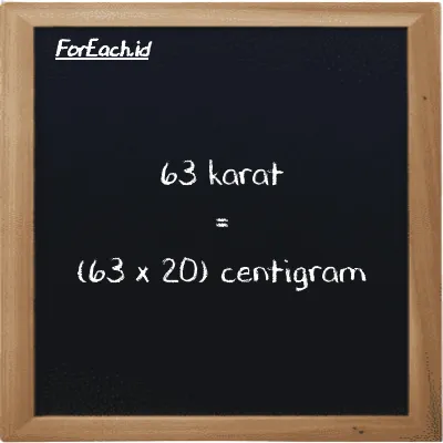 Cara konversi karat ke centigram (ct ke cg): 63 karat (ct) setara dengan 63 dikalikan dengan 20 centigram (cg)