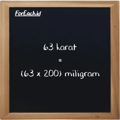 Cara konversi karat ke miligram (ct ke mg): 63 karat (ct) setara dengan 63 dikalikan dengan 200 miligram (mg)