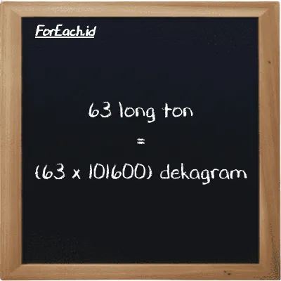 Cara konversi long ton ke dekagram (LT ke dag): 63 long ton (LT) setara dengan 63 dikalikan dengan 101600 dekagram (dag)