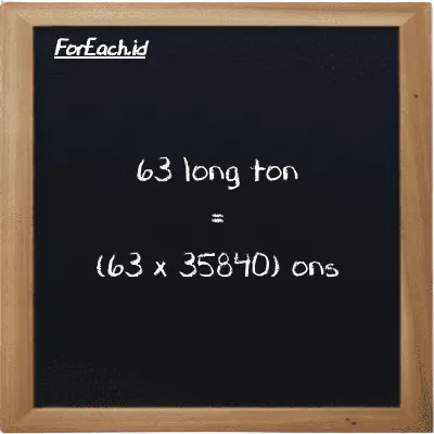 Cara konversi long ton ke ons (LT ke oz): 63 long ton (LT) setara dengan 63 dikalikan dengan 35840 ons (oz)