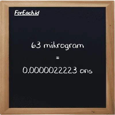 63 mikrogram setara dengan 0.0000022223 ons (63 µg setara dengan 0.0000022223 oz)