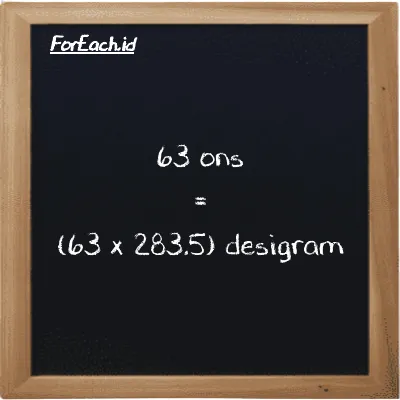 Cara konversi ons ke desigram (oz ke dg): 63 ons (oz) setara dengan 63 dikalikan dengan 283.5 desigram (dg)