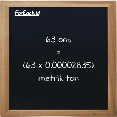 Cara konversi ons ke metrik ton (oz ke MT): 63 ons (oz) setara dengan 63 dikalikan dengan 0.00002835 metrik ton (MT)