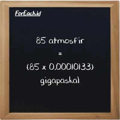 Cara konversi atmosfir ke gigapaskal (atm ke GPa): 85 atmosfir (atm) setara dengan 85 dikalikan dengan 0.00010133 gigapaskal (GPa)