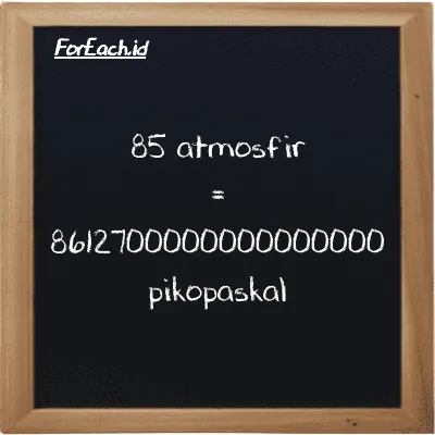 Cara konversi atmosfir ke pikopaskal (atm ke pPa): 85 atmosfir (atm) setara dengan 85 dikalikan dengan 101330000000000000 pikopaskal (pPa)