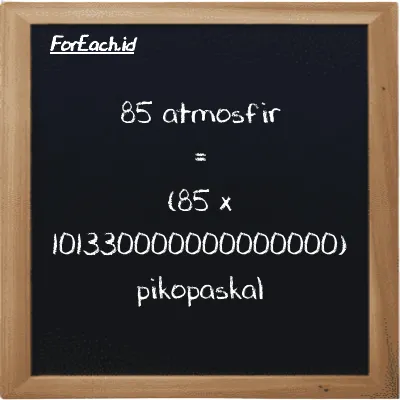 85 atmosfir setara dengan 8612700000000000000 pikopaskal (85 atm setara dengan 8612700000000000000 pPa)