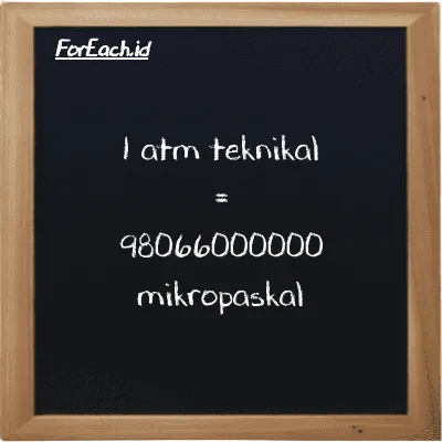 1 atm teknikal setara dengan 98066000000 mikropaskal (1 at setara dengan 98066000000 µPa)