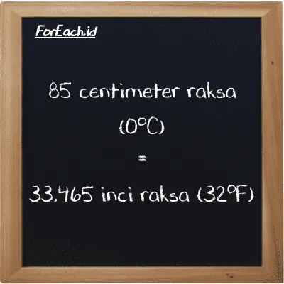 85 centimeter raksa (0<sup>o</sup>C) setara dengan 33.465 inci raksa (32<sup>o</sup>F) (85 cmHg setara dengan 33.465 inHg)