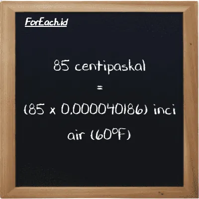 Cara konversi centipaskal ke inci air (60<sup>o</sup>F) (cPa ke inH20): 85 centipaskal (cPa) setara dengan 85 dikalikan dengan 0.000040186 inci air (60<sup>o</sup>F) (inH20)
