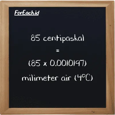 Cara konversi centipaskal ke milimeter air (4<sup>o</sup>C) (cPa ke mmH2O): 85 centipaskal (cPa) setara dengan 85 dikalikan dengan 0.0010197 milimeter air (4<sup>o</sup>C) (mmH2O)