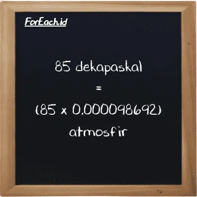 Cara konversi dekapaskal ke atmosfir (daPa ke atm): 85 dekapaskal (daPa) setara dengan 85 dikalikan dengan 0.000098692 atmosfir (atm)